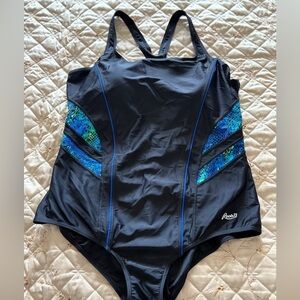Roots Black and Blue One-Piece Swimsuit Sporty Design Size 18